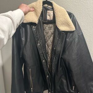 Black Leather Jacket with Shearling Collar